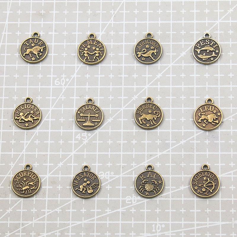 12x15mm Round Zodiac Constellation Pendant: Retro Symbol Alloy Jewelry for DIY Bracelets & Keychains