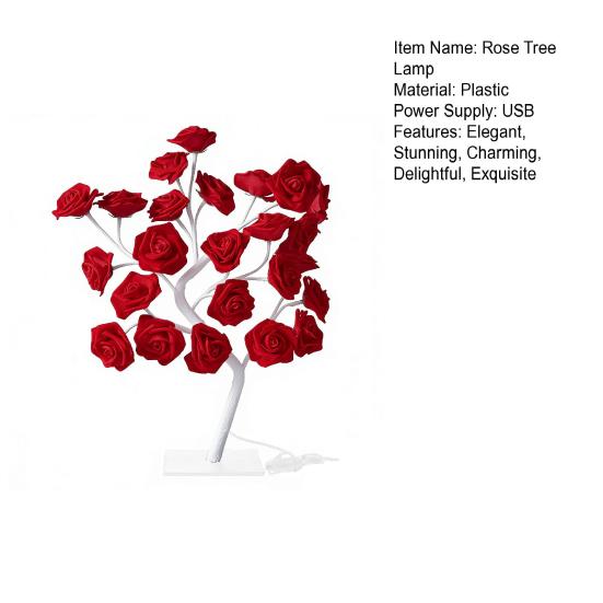 Rose Flower Tree Lamp 24 LED Rose Tree Table Lamp USB Powered Artificial Bonsai Flower Night Light for Bedroom Wedding Valentine's Day Decor