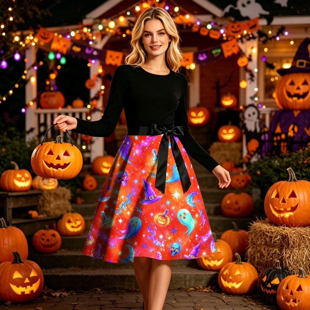 Women Round Neck Halloween Print Dress Long Sleeve Casual Style A Line Dress with Waist Tie for Holiday Party