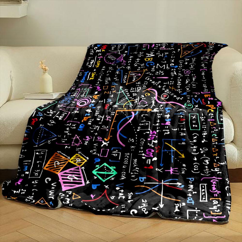 Colorful mathematical formulas, geometric shapes, and graphs on a black background. for all seasons blanket lunch break throw gift