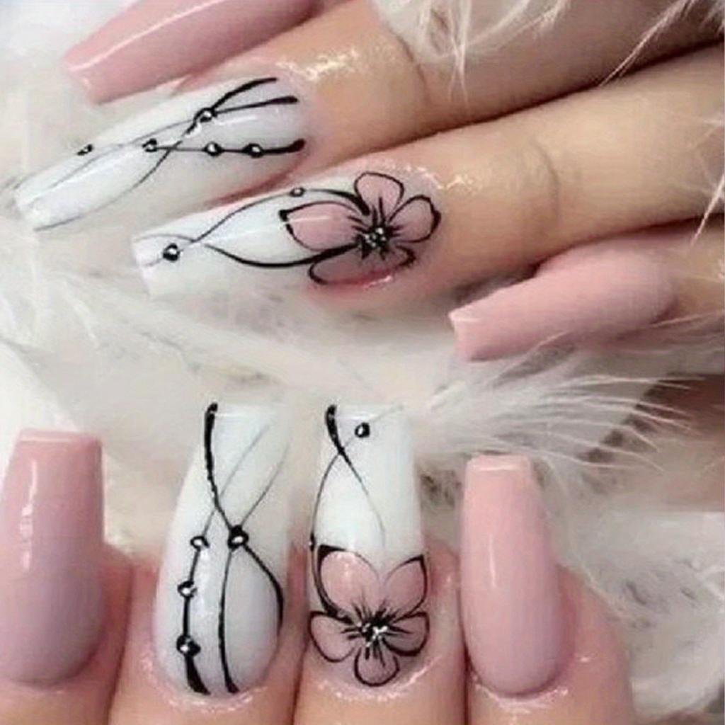 Coffin Press On Nails, Pink White Glossy Fake Nails With Flower Line Designs, Acrylic All Cover False Nails For Women And Girls 24pcs