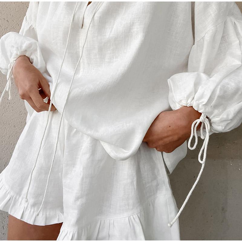 Women Shorts Suit V-neck Long Sleeve Loose Shirt High Waist Wide Leg Short Pant Sets Summer Holiday Lady Set