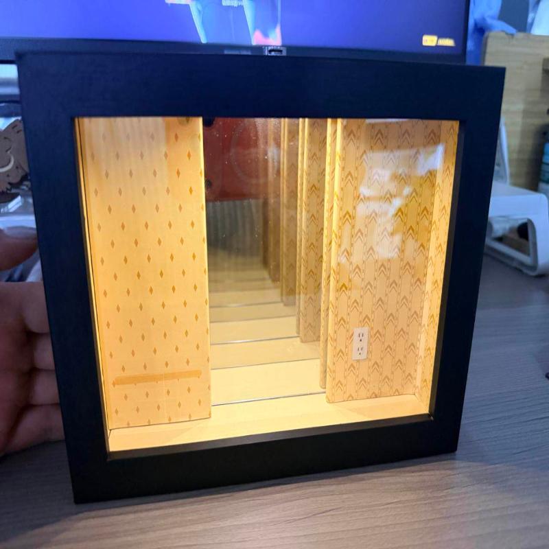 Wooden LED Abyss Mirror Photo Frame Dimmable Creative Landscape Decor for Blind Box Action Figures Tabletop Display Gift