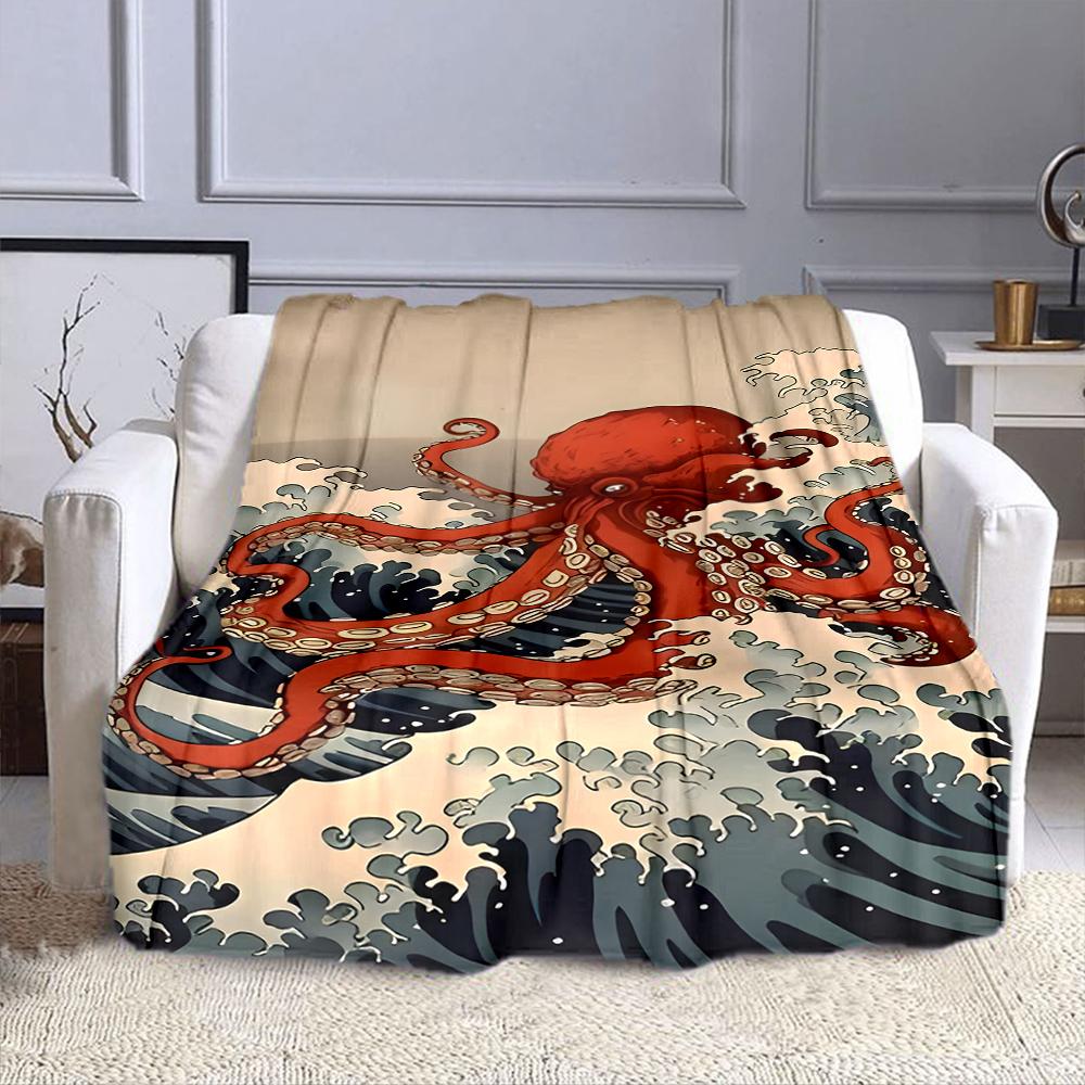 Red Octopus in Stormy Waves Patterned flannel blanket perfect for the bedroom living room, sofa, or a little nap