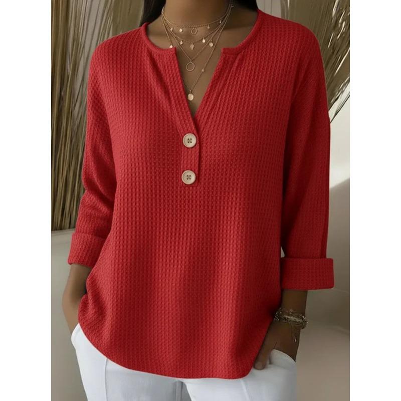 Women S V Neck Waffle Knit Solid Color Casual 9 10 Sleeve Pullover Top S
