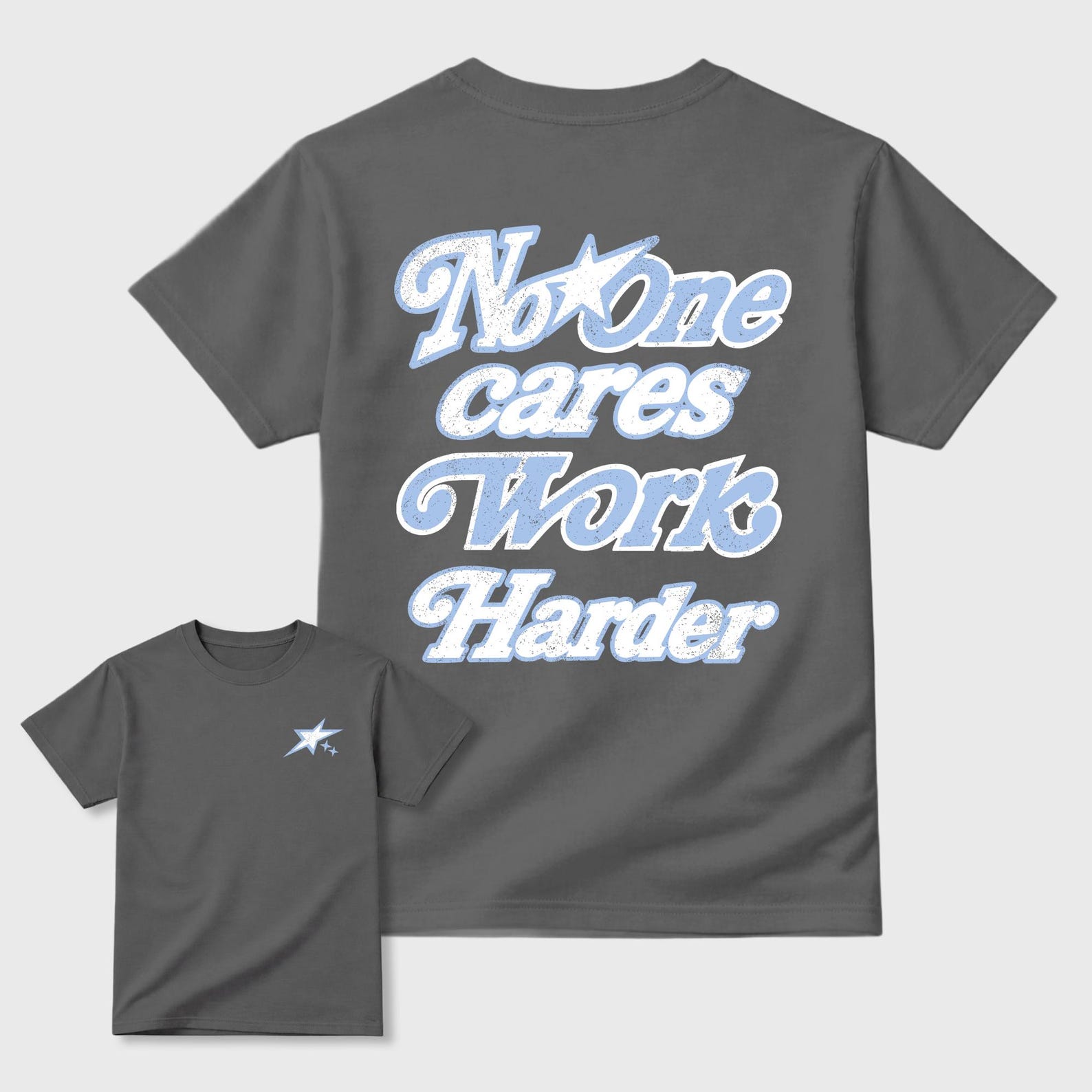 No One Cares Work Harder graphic tee. Streetwear Brand Graphic T-Shirt. 5s White Metallic S