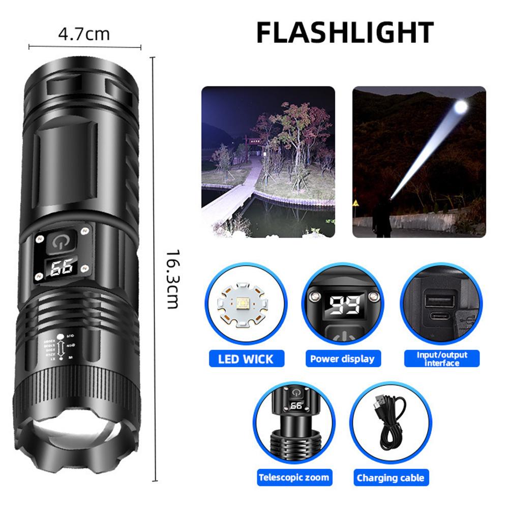 High Strong Power Led Flashlights 2000LM Tactical Torch with Display Light USB Charging Camping Fishing Emergency Zoom Lantern