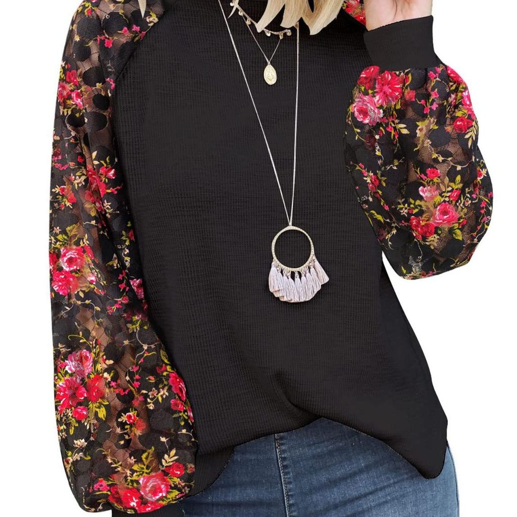 European and American new women's long-sleeved lace casual loose T-shirt top women