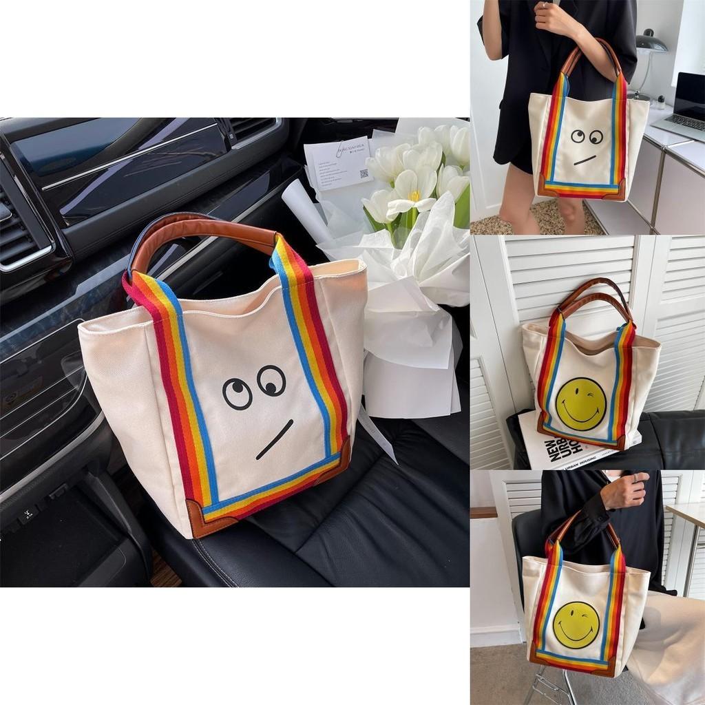 Large Capacity Canvas Tote Bag Cute Smiley Face Print Fresh And Sweet Style
