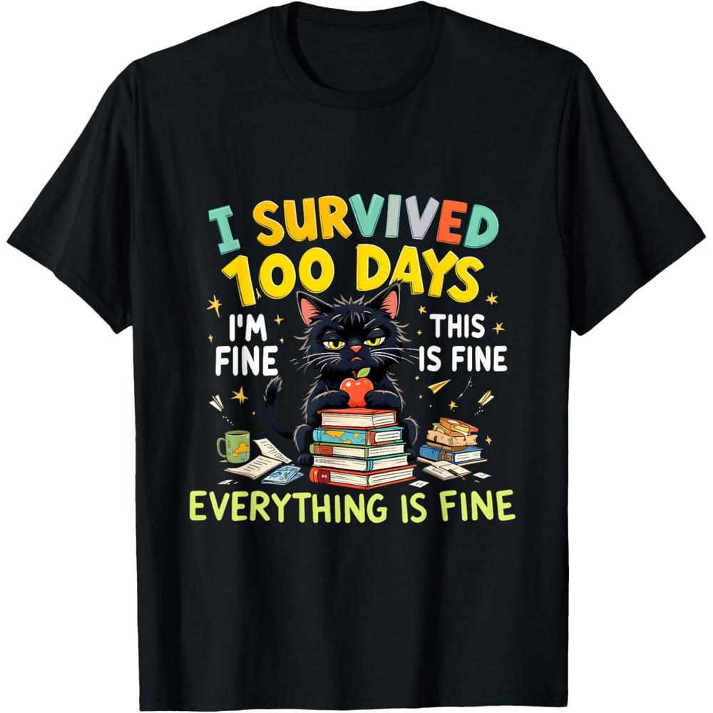 Funny Cat I m Fine Boys Girls I Survived 100 Days Of School Cotton Men T Shirt L чёрный