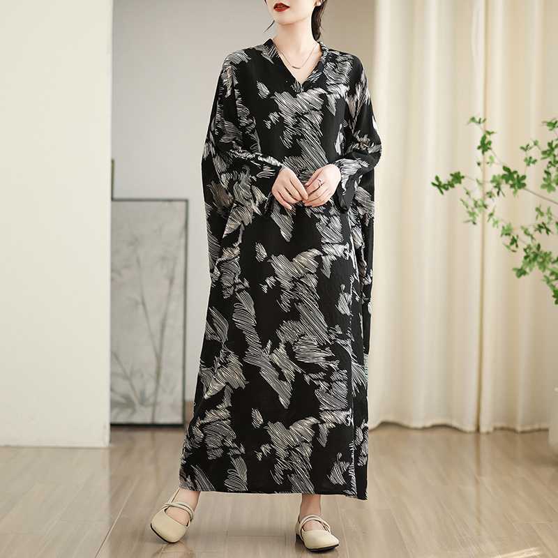 Colorful Travel V-neck Retro Long Skirt Cotton Linen Dress