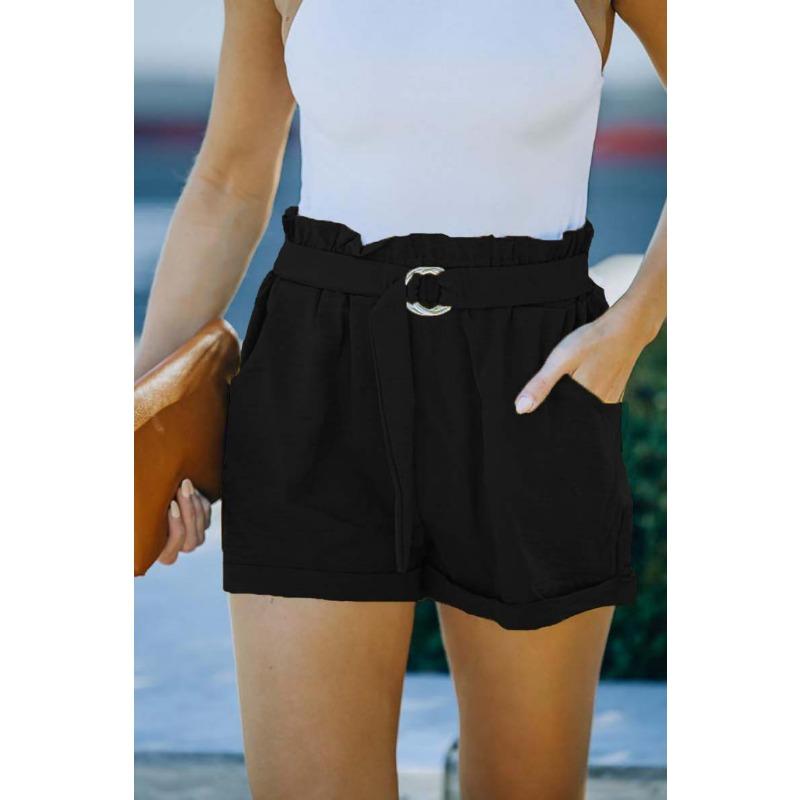 Women Summer Solid Color High Waist Loose Lace Up Pocket Casual Shorts