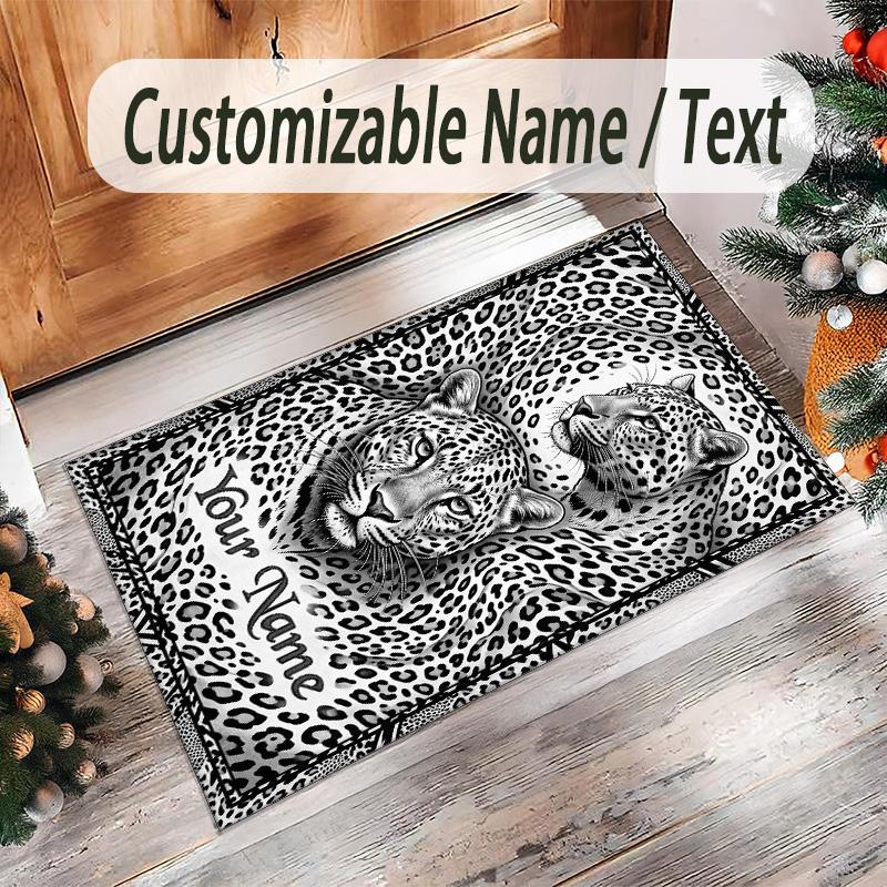 Leopard Theme Crystal Velvet Floor Rug Personalized Custom Name Text Warm Carpet Home Decoration