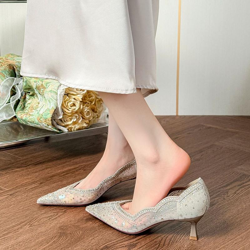 Fashion New Arrival Mesh Rhinestone Pointed Toe Stiletto Heels Women Shoes Elegant Wedding Party Comfortable Daily Wear