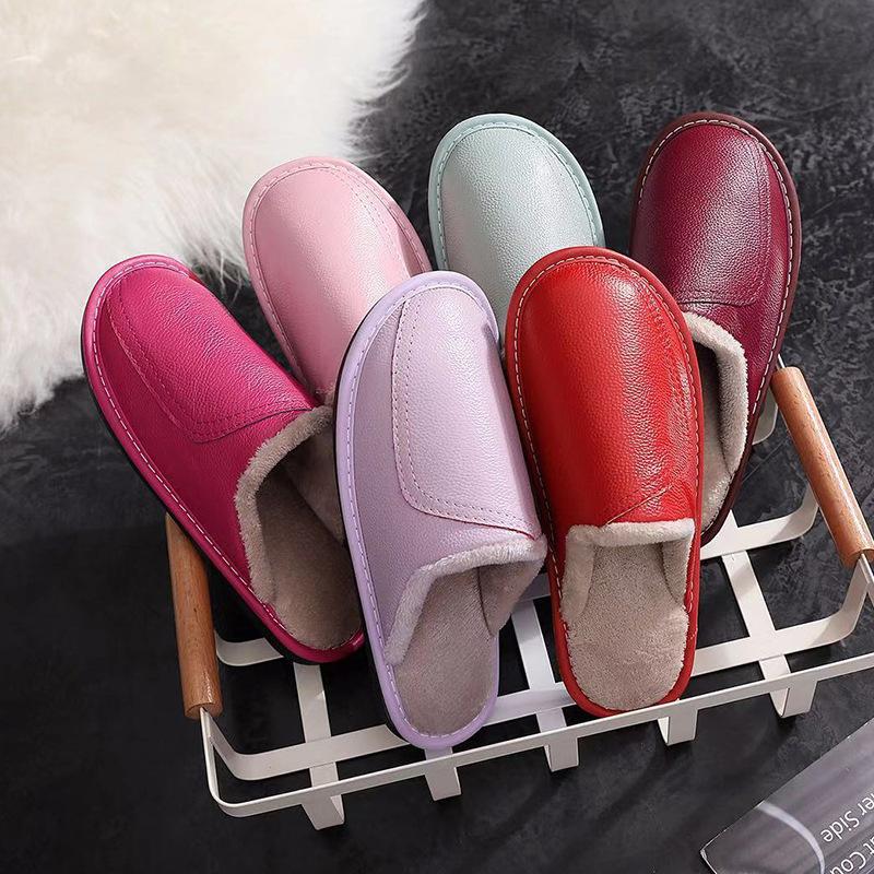 Fashion Autumn and Winter Slippers for Men and Women Indoor Leather Slippers for Home Leisure Thickened Top Layer Leather Slippers