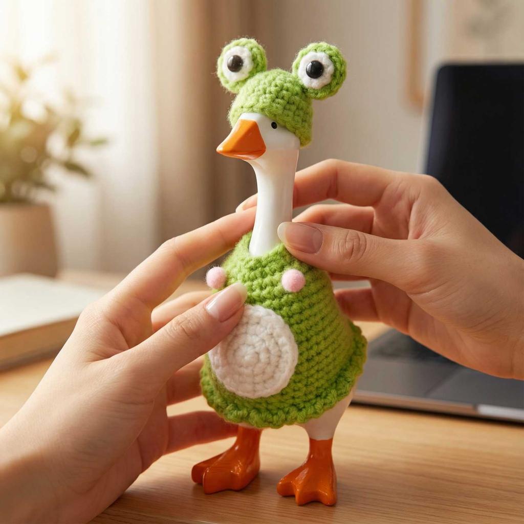 Miniaturowa Figurka Gęsi w Dzianinowym Stroju Ręcznie Robiona Dekoracja Biurka Kolekcjonerska Ozdoba Zwierzęca do Domu Biura