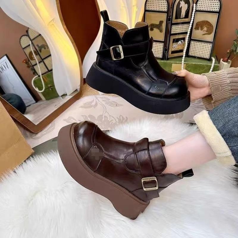 Fashion Platform Short Boots Women's Winter New Velvet Warm Leather Cotton Shoes Thin British Martin Boots