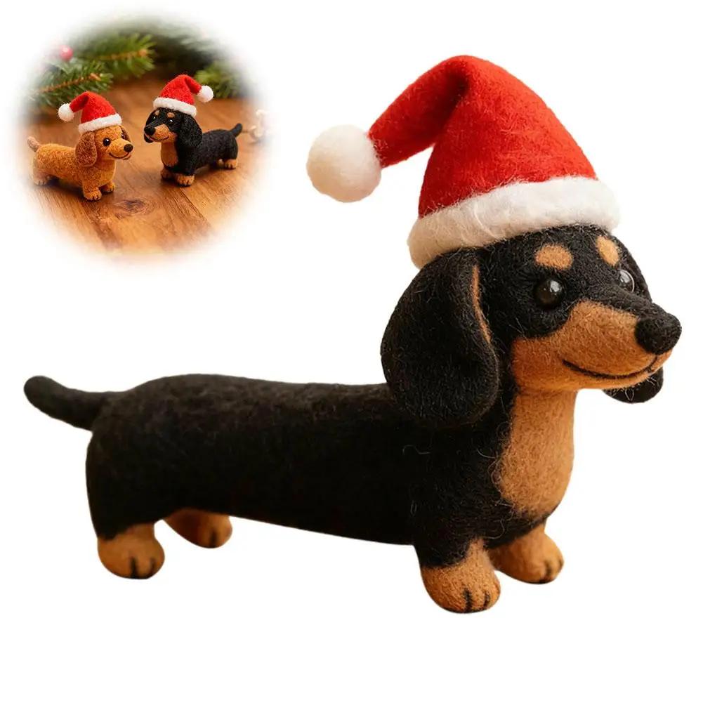 Hand Crafted Wool Felt Dachshund Christmas Ornaments Dog With Santa Hat Xmas Tree Hanging Decor For Winter Home Party Suppl D9D6