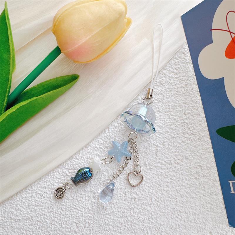 Cute Sweet Glass Starfish Fish Wind Chime Mobile Phone Chain Lanyard Keychain Pendants Backpack Keyring Bag Hang Ornaments Gifts