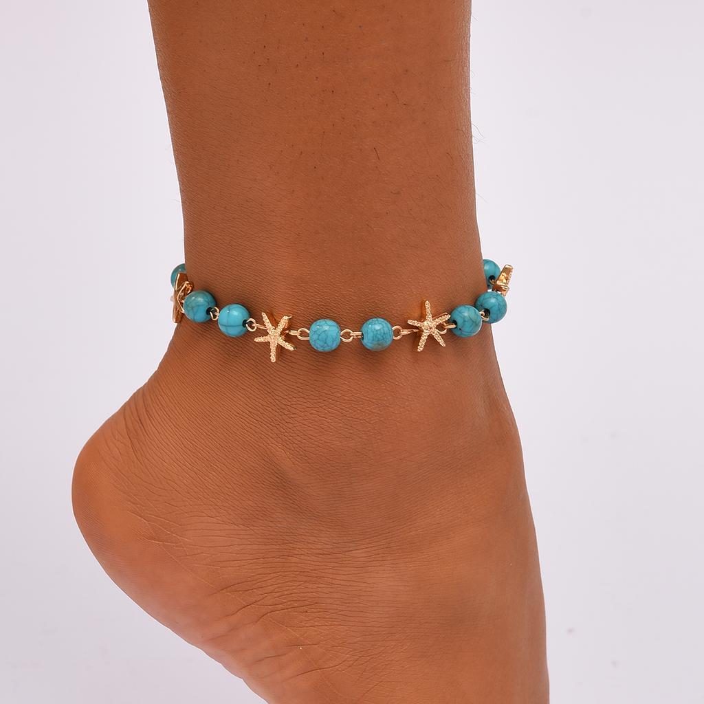New Turquoise Starfish Bead Anklet For Women Fashion Bohemian Gold Color Anklet Set Female Summer Beach Foot Jewelry Accessories