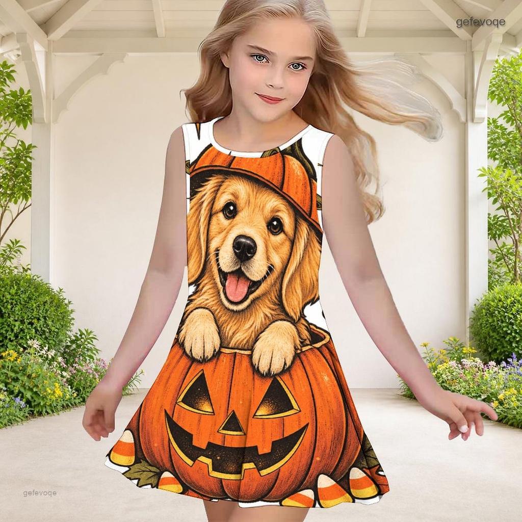 Girls Round Neck Sleeveless A Line Flared Hem Dress Halloween Raccoon Pumpkin Printed