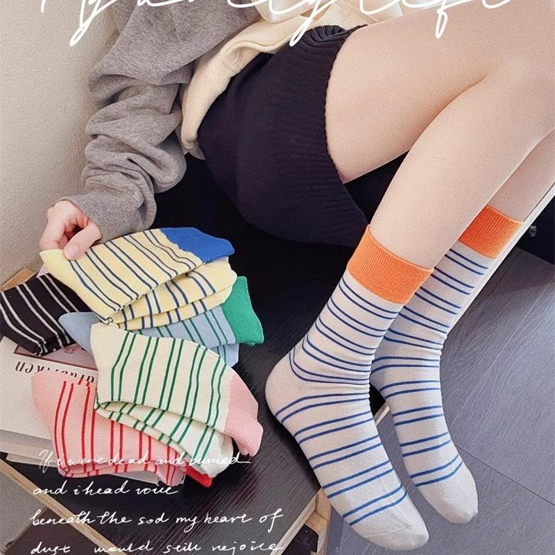 6 Pairs of Socks: Women's Striped Mid-calf Socks with Dad Shoes, Sandals, Dopamine Socks, Summer Thin Sports Socks