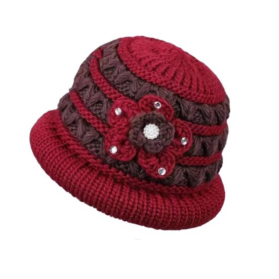 Winter Basin Hat Floral Design Soft Velvet Thermal Insulation Middle-Aged Elderly Women Knitting Hat Headwear