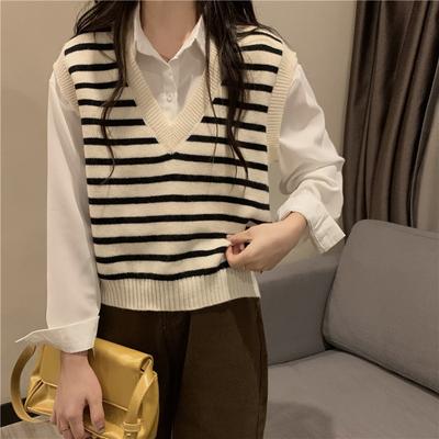 Striped Knitted Vest Women's Design Sense Autumn Outerwear Stacked V-neck Sweater Top Women