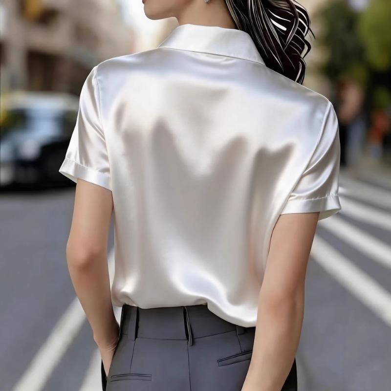Elegant Satin Short Sleeve Shirt With Chest Pockets