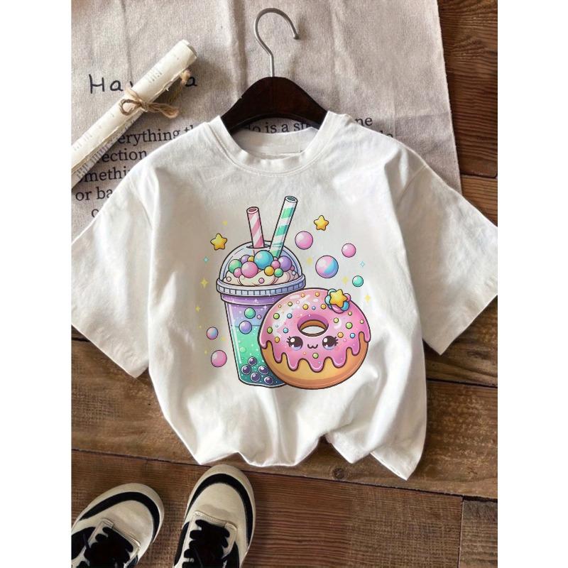 European Sizes Girls T Shirt Bubble Tea And Donut Cartoon Print Funny Printing T Shirt Best Gift for Kids Girls Breathable