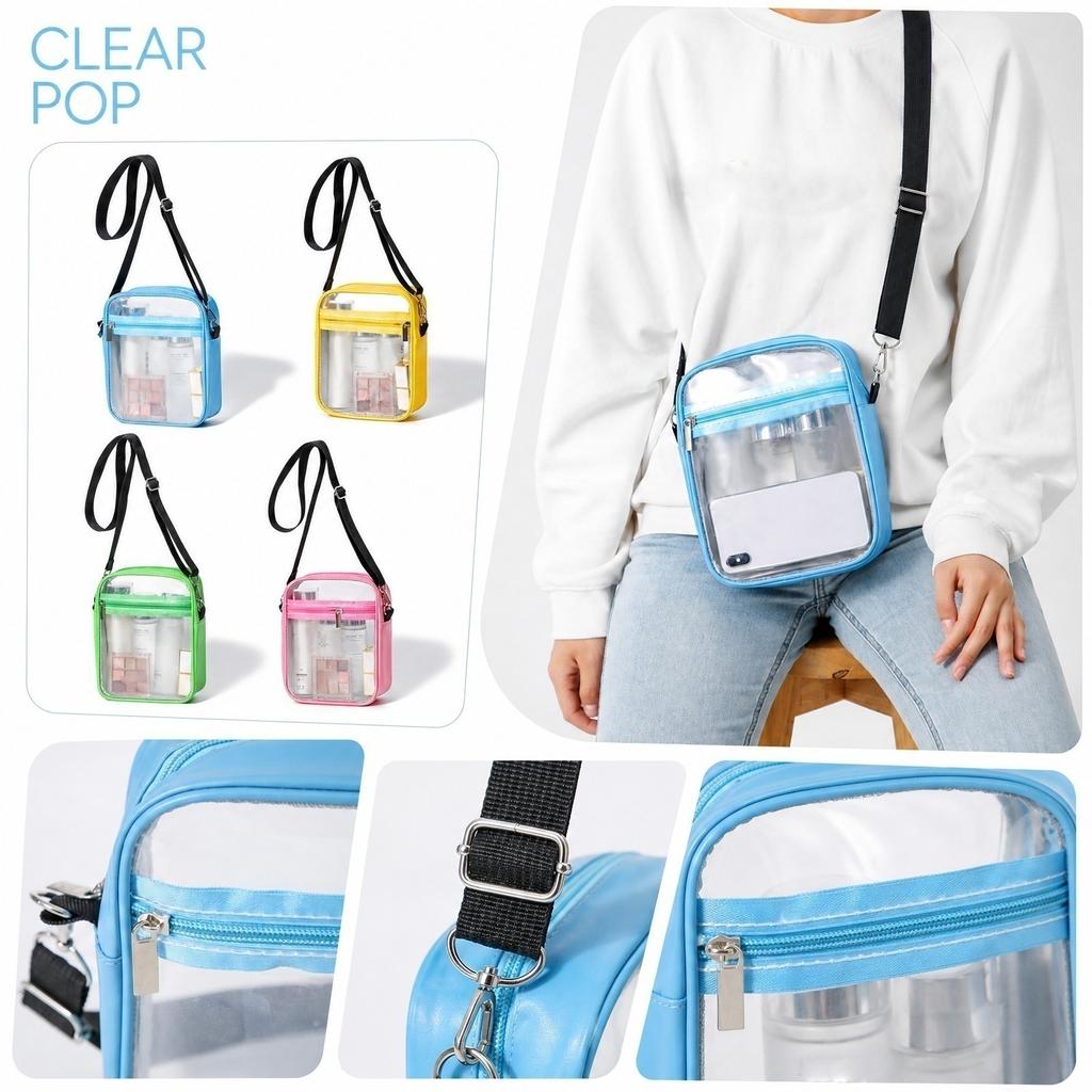 Transparent PVC Crossbody Bag Small Square Shoulder Bag Adjustable Strap Lightweight Clear Purse with Zipper Pocket for Daily Use