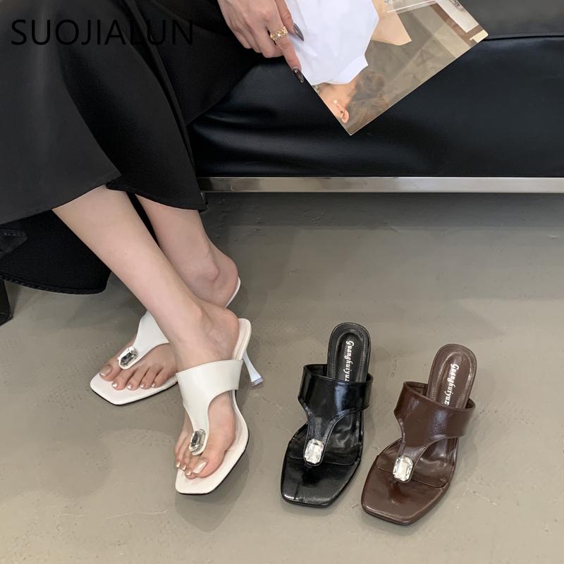Fashion SUOJIALUN 2025 New Brand Women Slipper Fashion Crystal Slip On Flip Flop Shoes Thin High Heel Elegant Outdoor Dress Sandal Pumps