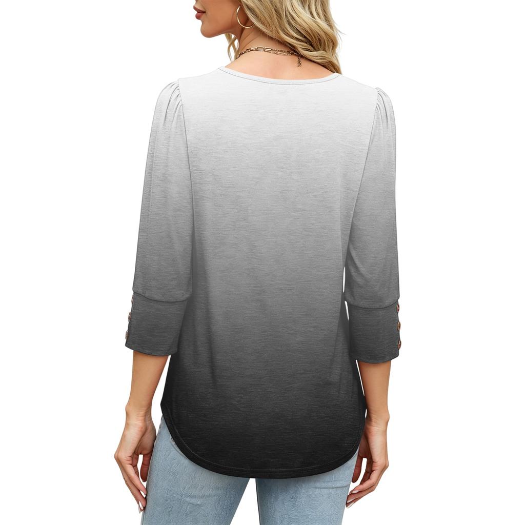 Women V Neck Casual Loose Fit Top Three Quarter Sleeve Blouse Button Cuff Lightweight Soft Fabric Stylish Design