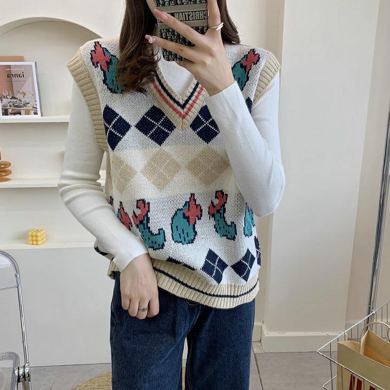 Женский вязаный свитер, жилет, новый трикотаж большого размера, универсальные пуловеры, топы с v-образным вырезом, без рукавов, джемперы в стиле ретро для девочек One Size бежевый