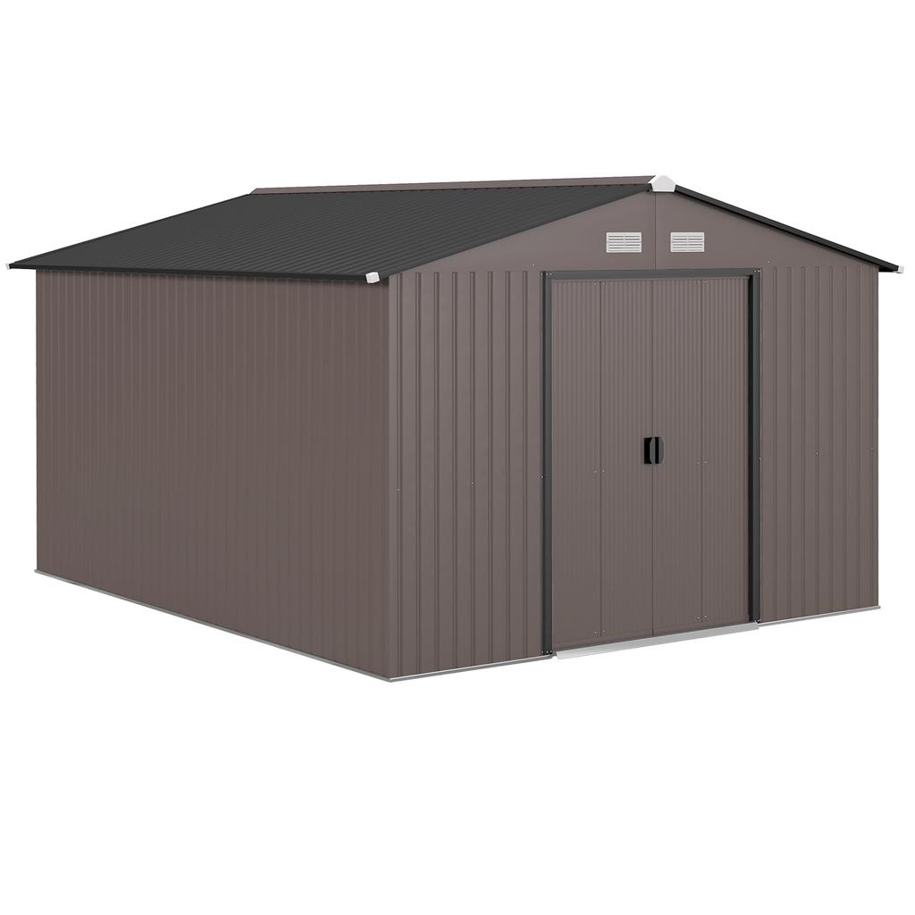 Depósito de Jardim com 2 Portas de Correr e 4 Ventilações em Aço, 322x277x192 cm, Castanho