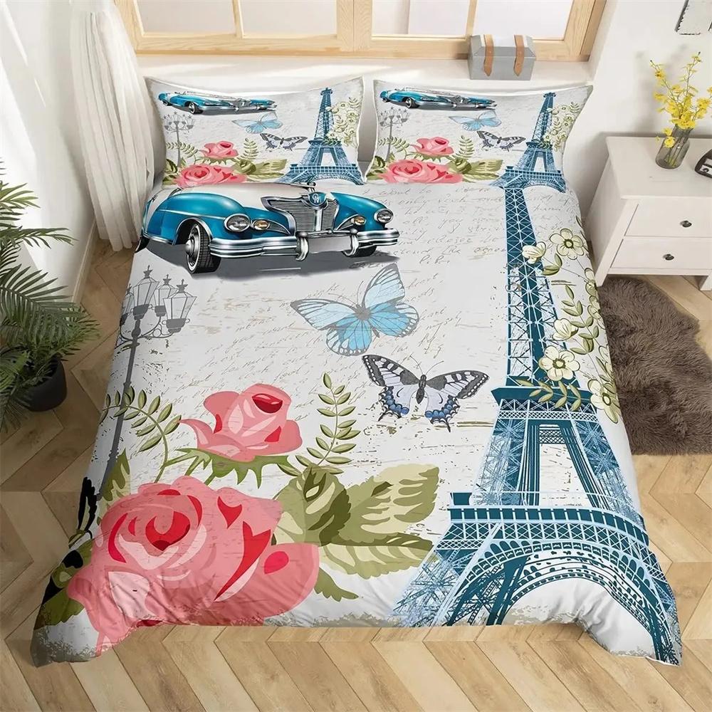 Eiffel Tower Duvet Cover Set Paris France Bedding Sets Queen Size Old Newspaper Style Comforter Cover for Men Women,Gray Stylish