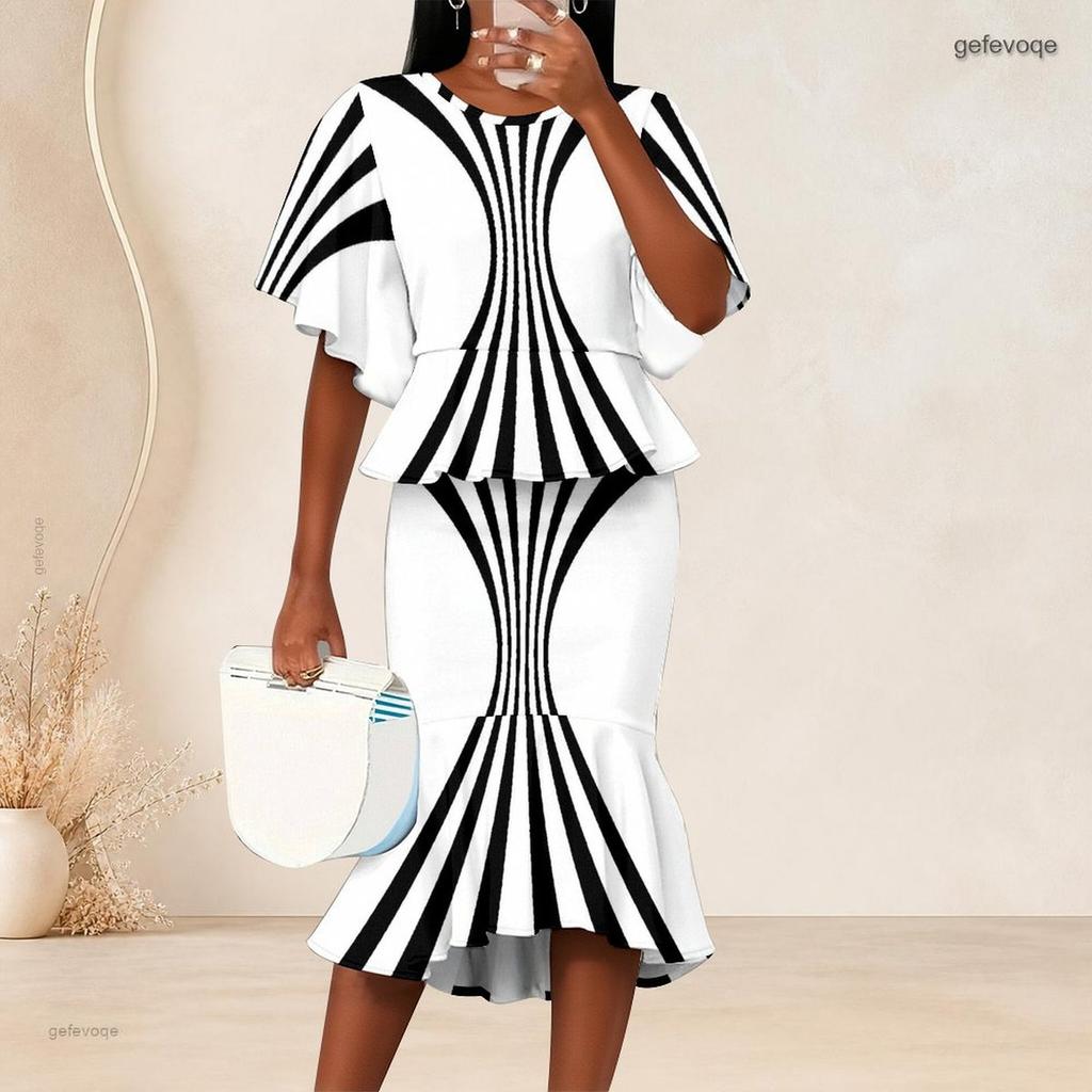 Women Plus Size Black Printed Round Neck Batwing Sleeve Ruffle Hem Top Fishtail Skirt Two Piece Set