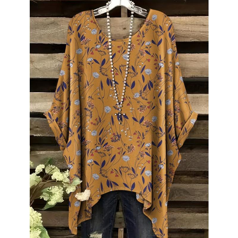 Ethnic style round neck T-shirt casual and comfortable large size top