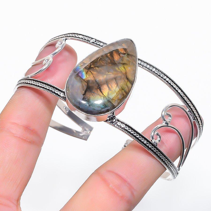 Natural Labradorite Gemstone 925 Sterling Silver Cuff Bangle Adjustable K5f61