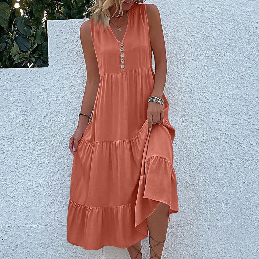 Sleeveless Women's Dress Casual Flowy A-Line Midi Tshirt Dresses With Pockets Crewneck Vocation Boho Beach Sundress
