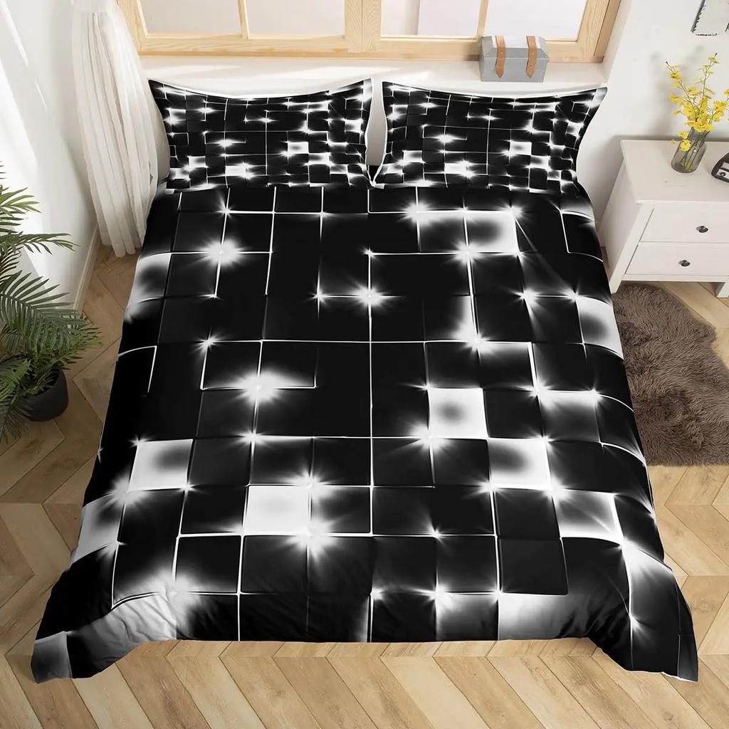 Abstract King Duvet Cover Modern Geometric Grid Square Bedding Set Red and Black Neon Light Line Geometry Themed Quilt Cover
