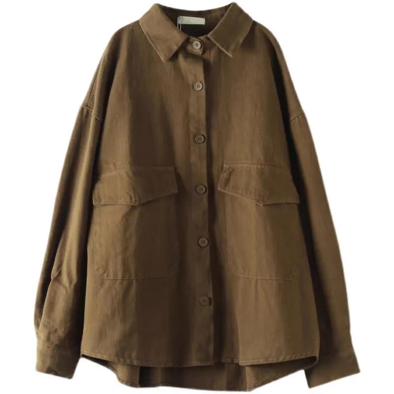 Women Autumn Vintage Style Long Sleeve Big Pockets Outerwear Shirts Solid Color Loose Casual Tops