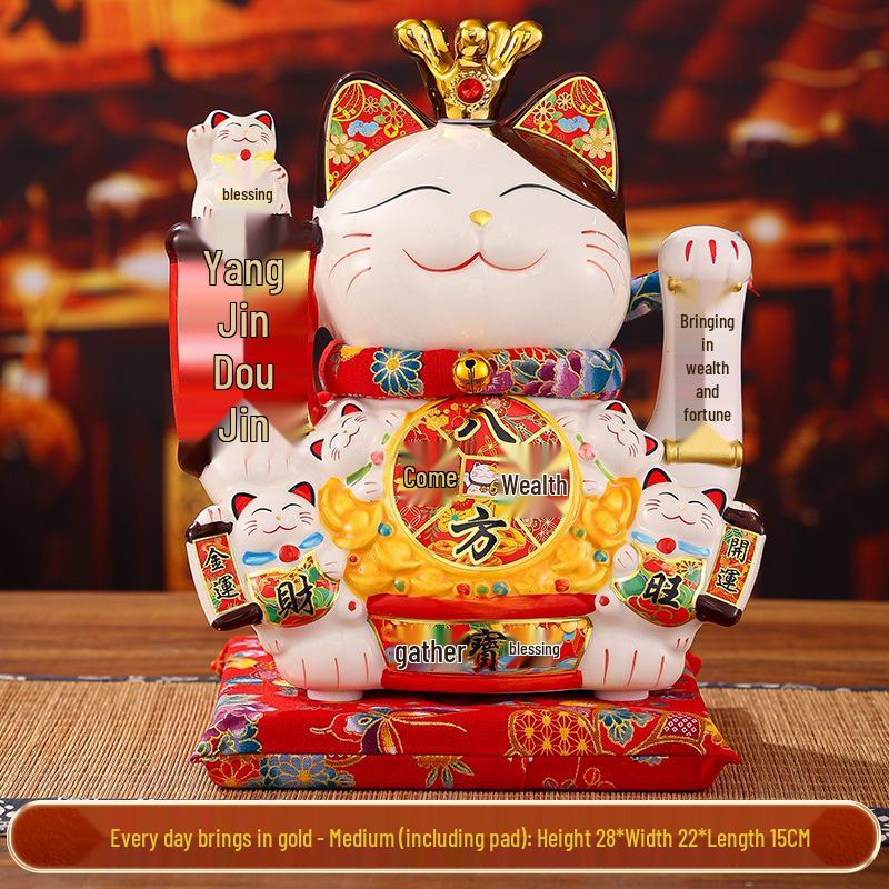 Automatic Waving Ceramic Lucky Cat Figurine - Perfect for Housewarming, Cash Register, or Living Room Decor