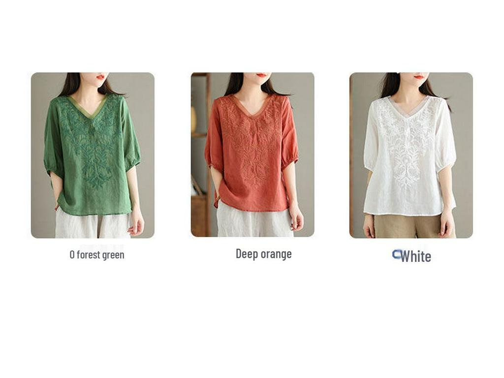 Women's Summer 2024 V-Neck Embroidered Three-Quarter Sleeve Cotton Linen Shirt