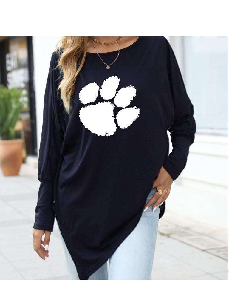 Women's Oversize Long-Sleeve Spring/Fall Asymmetrical Hem T-Shirt Fashion Printed Logn Sleeve Top