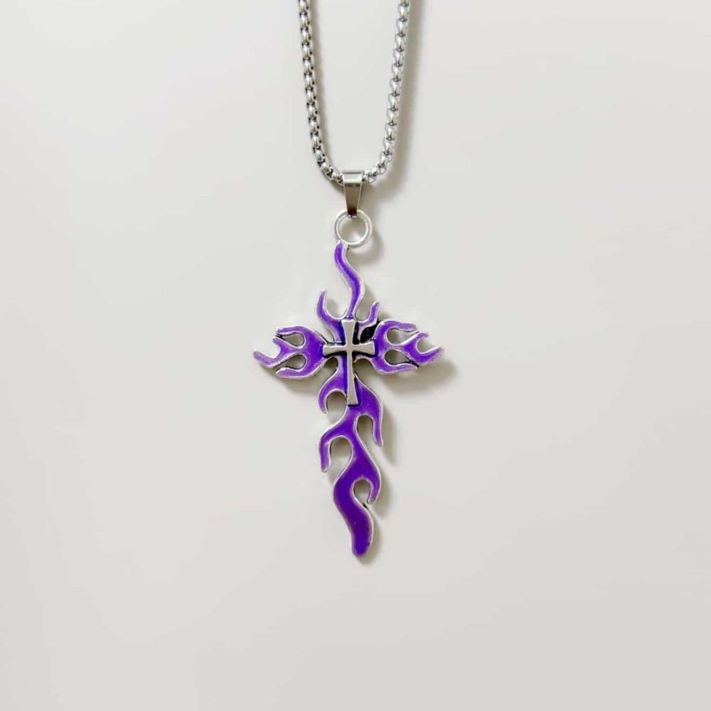 New Hip-hop Personality Red Drip Glazed Flame Sliver Color Relief Cross Pendant Necklace for Men Women Gothic Halloween Jewelry
