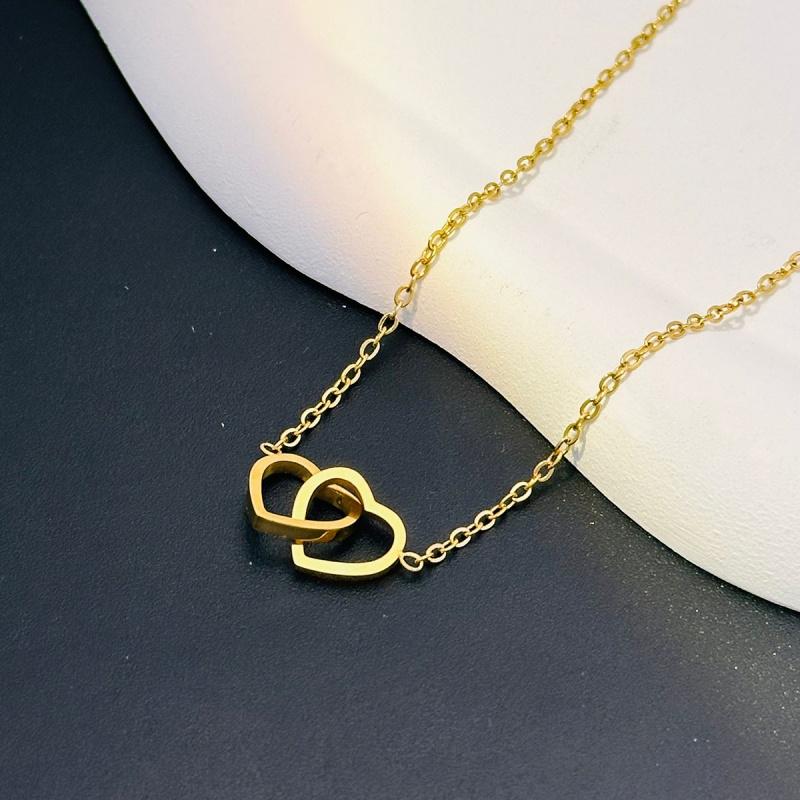 Simple Double Heart Pendant Necklace for Women Couple Stainless Steel Choker Gold Color Chain Wedding Party Friends Zircon Gift