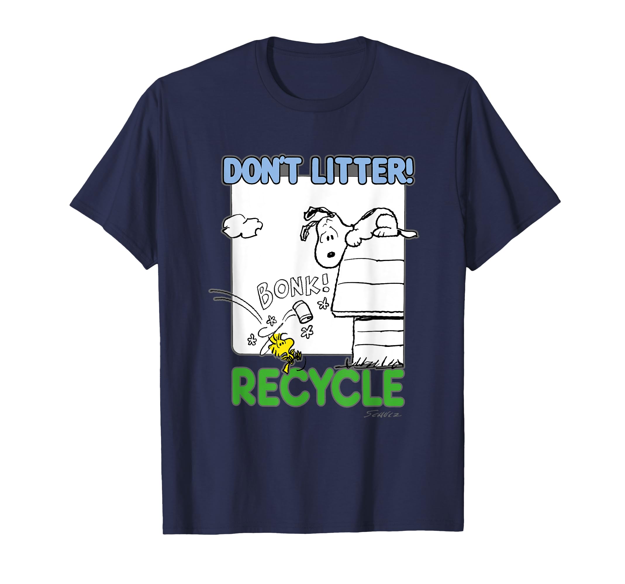 

Peanuts Snoopy Woodstock throw away trash Recycled Don t T-shirt