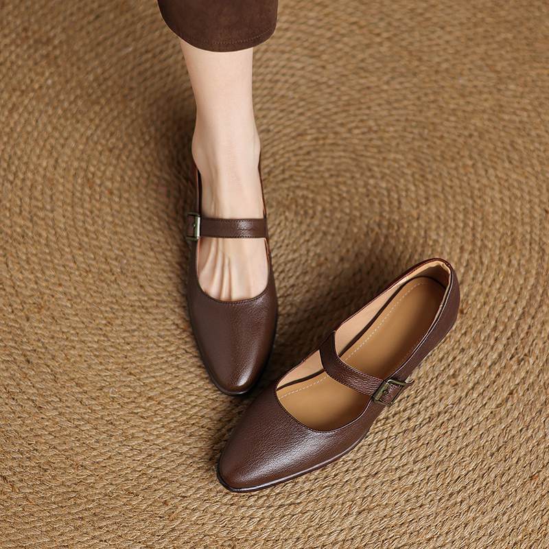 Krazing Pot Sheepskin Autumn Winter Shoes Buckle Straps Low Heels Mary Janes Size 40 Round Toe Brown Color Pumps