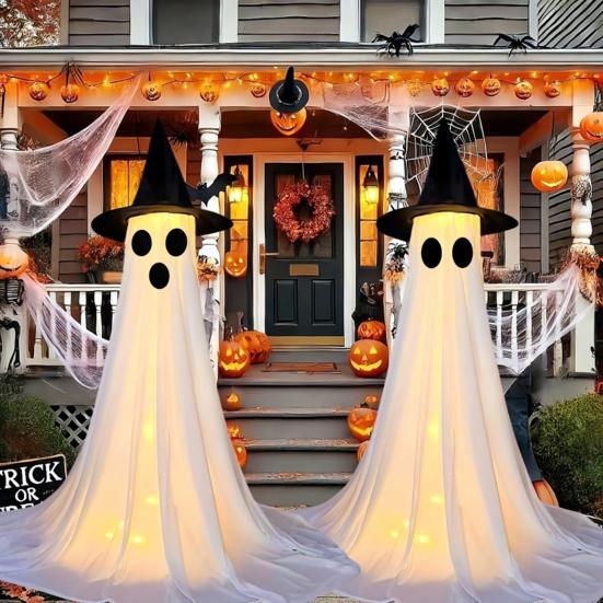 Halloween Ghost Decoration with LED Light Large White Scary Light Up Ghost with Witch Hat for Outdoor Front Porch Yard Garden Lawn Home Decor